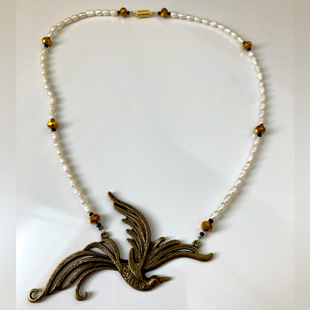 Seed Pearl Necklace With Brass Bird Pendant